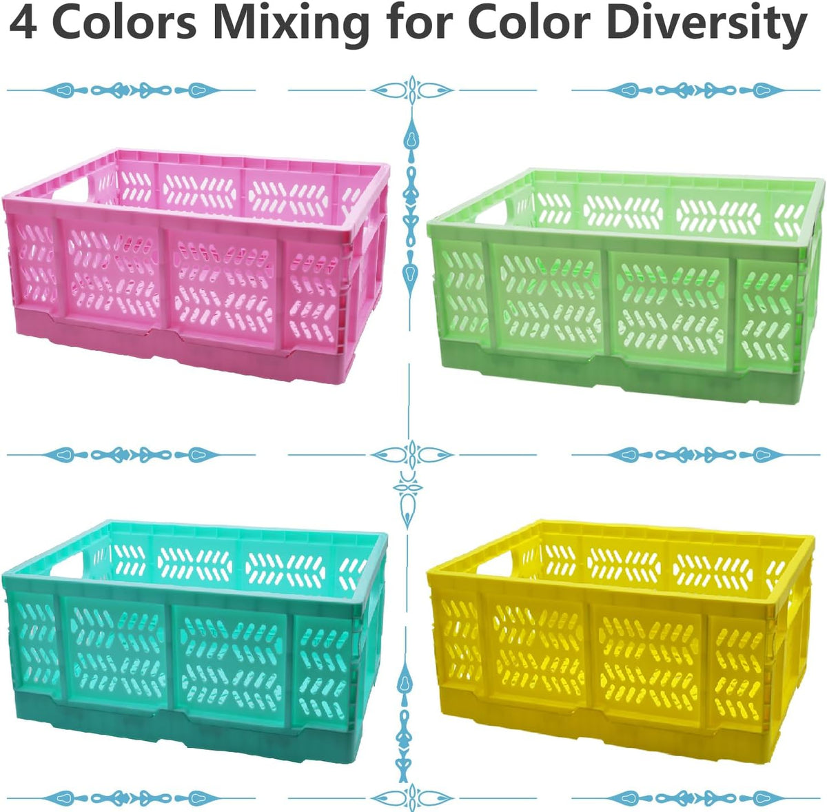 20L Folding Crate, 4Pack Plastic Storage Baskets Organizer for Home and Offic...