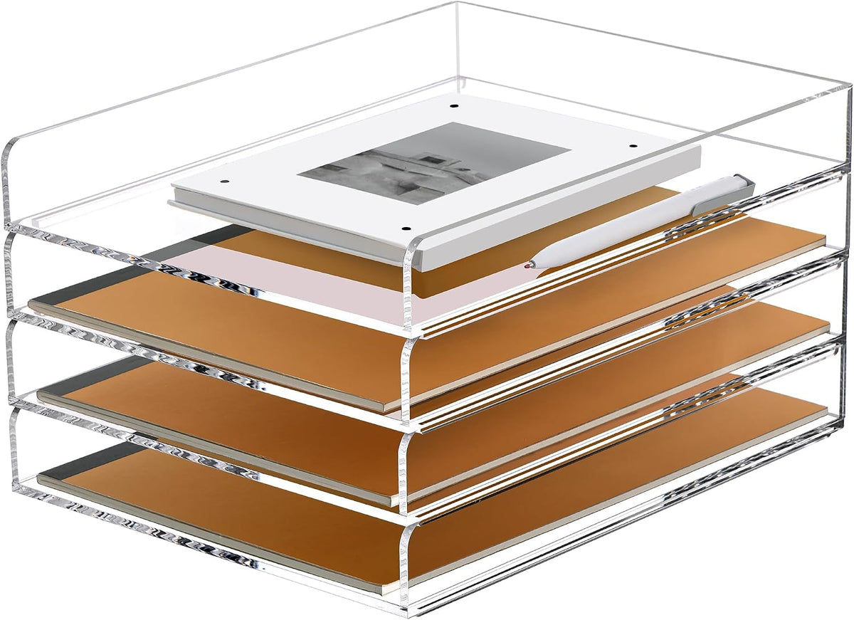 SANRUI 4 Tier Stackable Paper Letter Tray, Acrylic Vertical File Tray A4 Desk