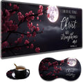 Ergonomic Full Moon Cherry Blossom Extended Mouse Pad 31.5" x 11.8" Set, with Wrist Rest & Lace Coasters, Pain Relief Design, Non-Slip Desk Mat for Home & Gaming