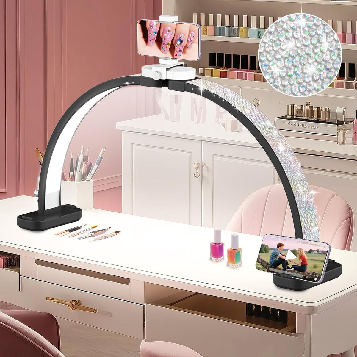 HITTI Super Large 31in Half Moon Light for Nail Desk, Crystal Diamond Black