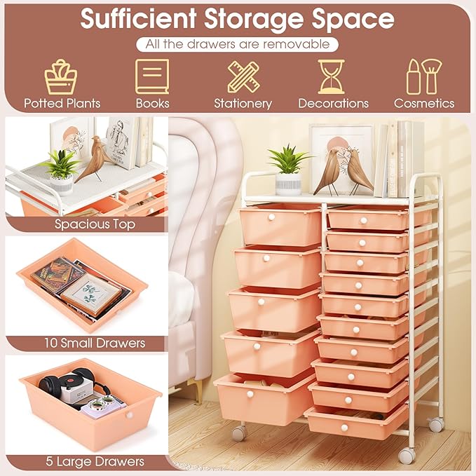 COSTWAY 15-Drawer Rolling Storage Cart, Mobile Utility Cart - Image 4