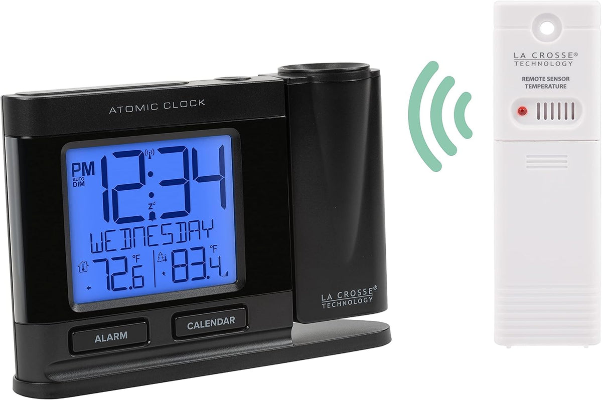 la crosse technology 616-41667-int black atomic projection alarm, close-up detail