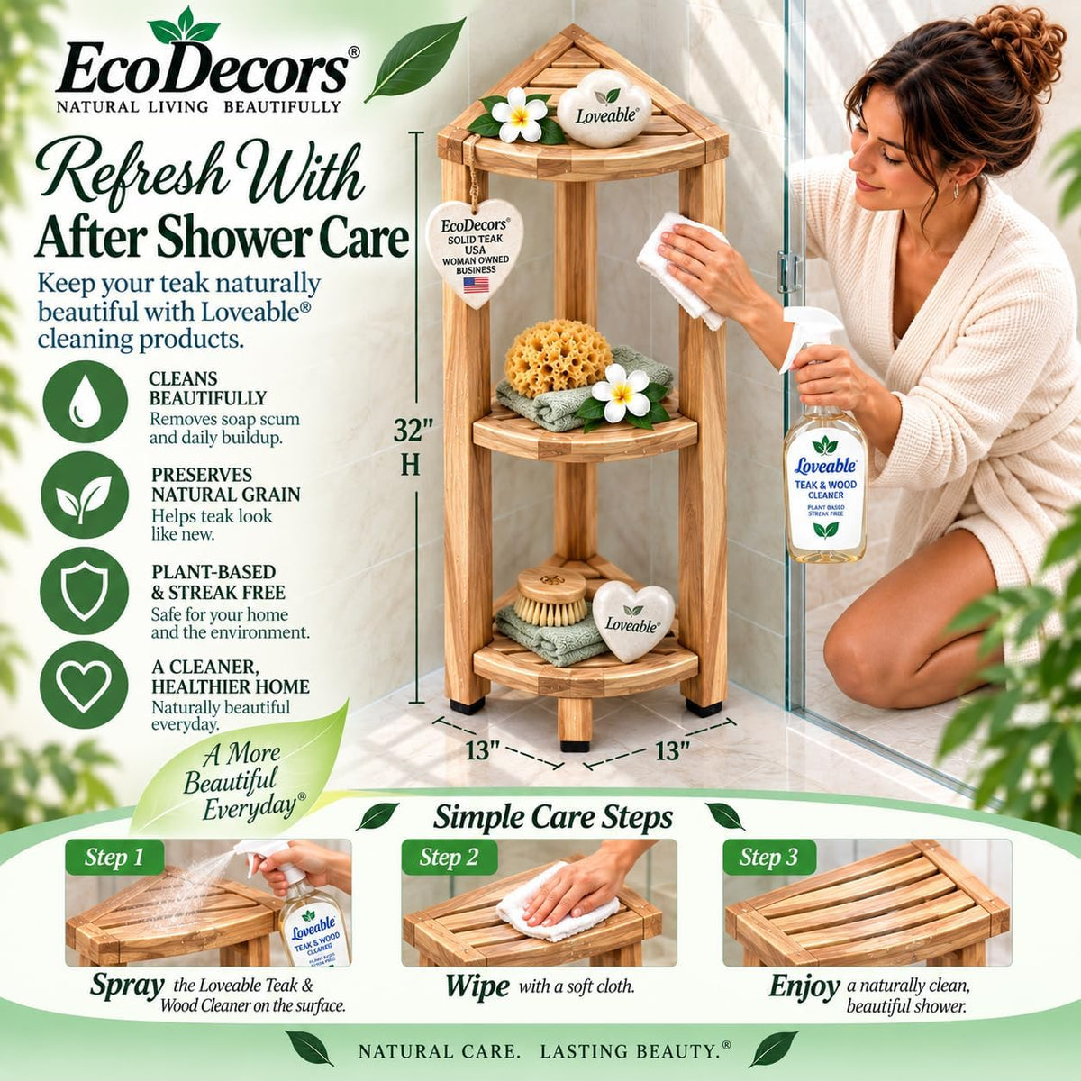EcoDecors 32" Teak Corner Shelf, 3-Tier Shelf Stand, Bathroom Organizer