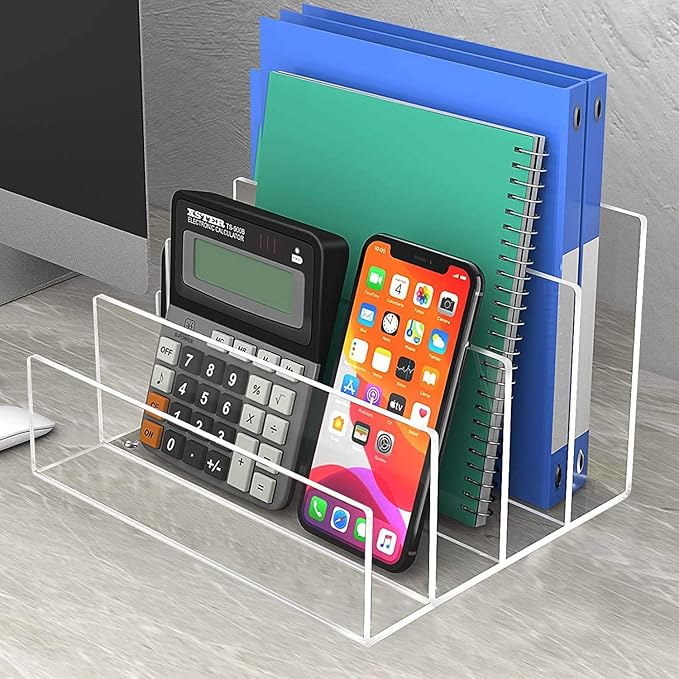 Halyuhn Acrylic File Organizer, 4Sections Clear Desk Organizer - Image 4