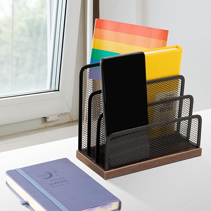 Wooden Desk Mail Organizer, Desktop File Organizer Metal Mesh - Image 4
