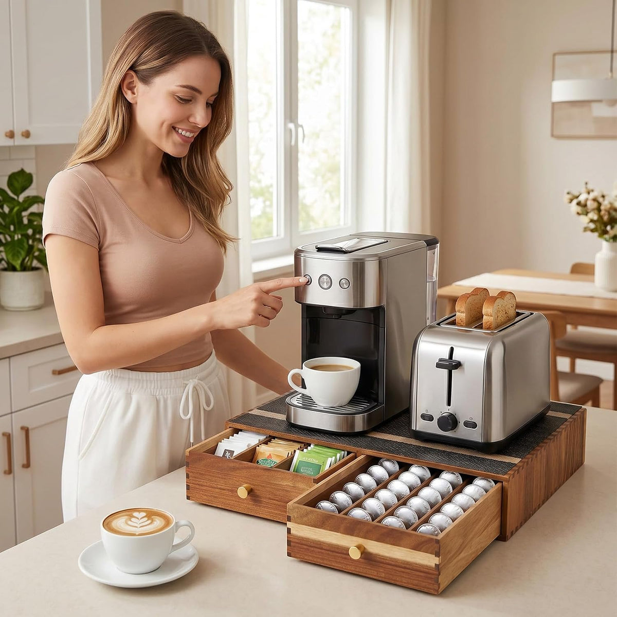K Cup Organizer Drawer, Acacia Wood Coffee Pod and Tea Bag Storage Box