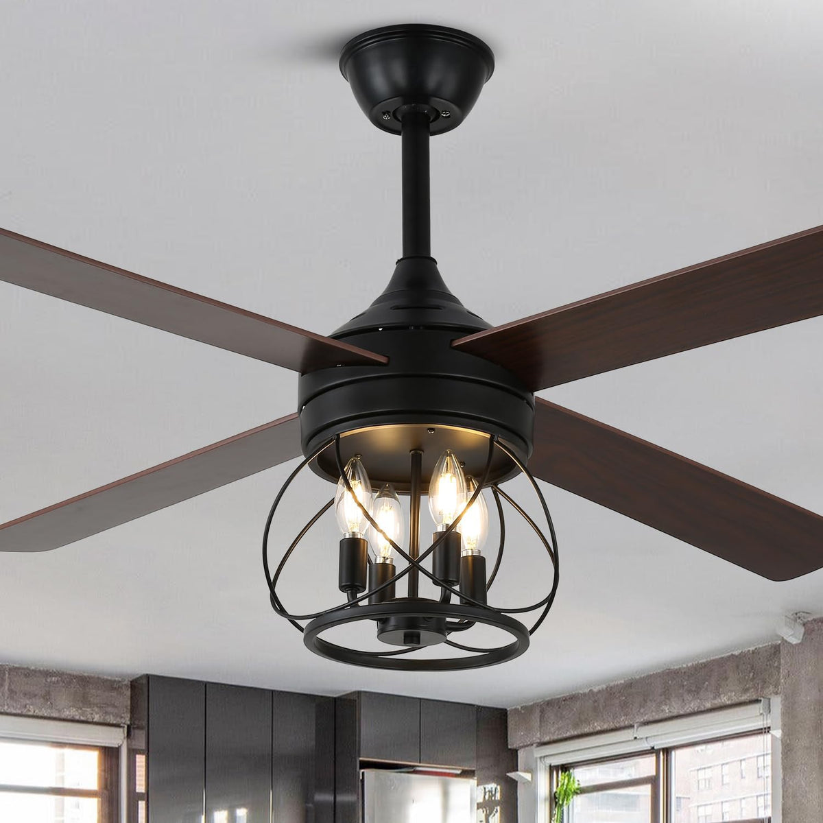 52" farmhouse rustic caged chandelier fan with light, main product view