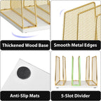 leketree gold desk file organizer, 5-section upright file showing dimensions