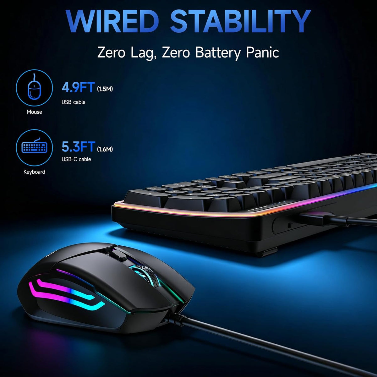 Wired RGB Keyboard and Mouse Combo, Adjustable Rainbow Backlit, 104-Key Full-...