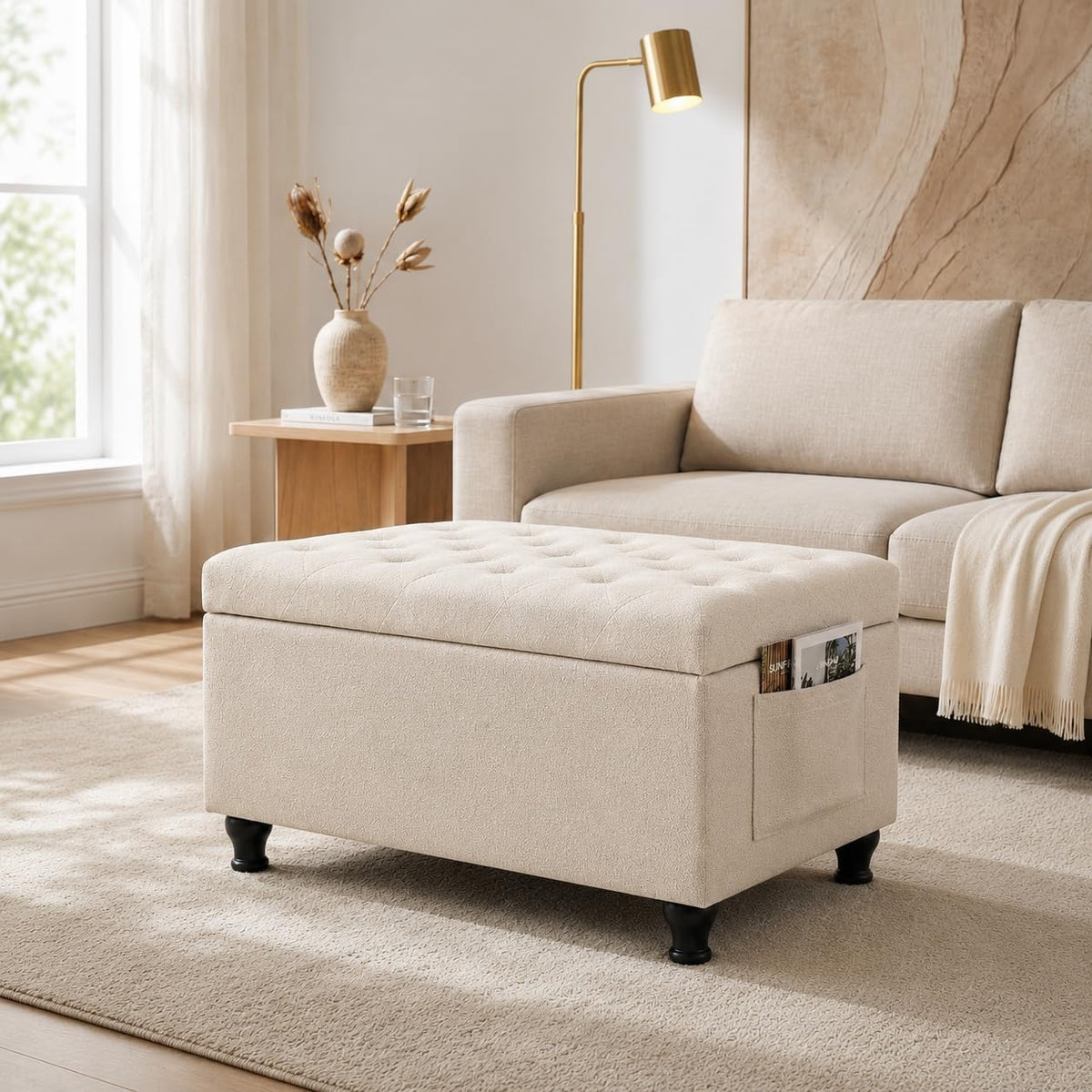 32'' Beige Fabric Upholstered Ottoman Storage Bench