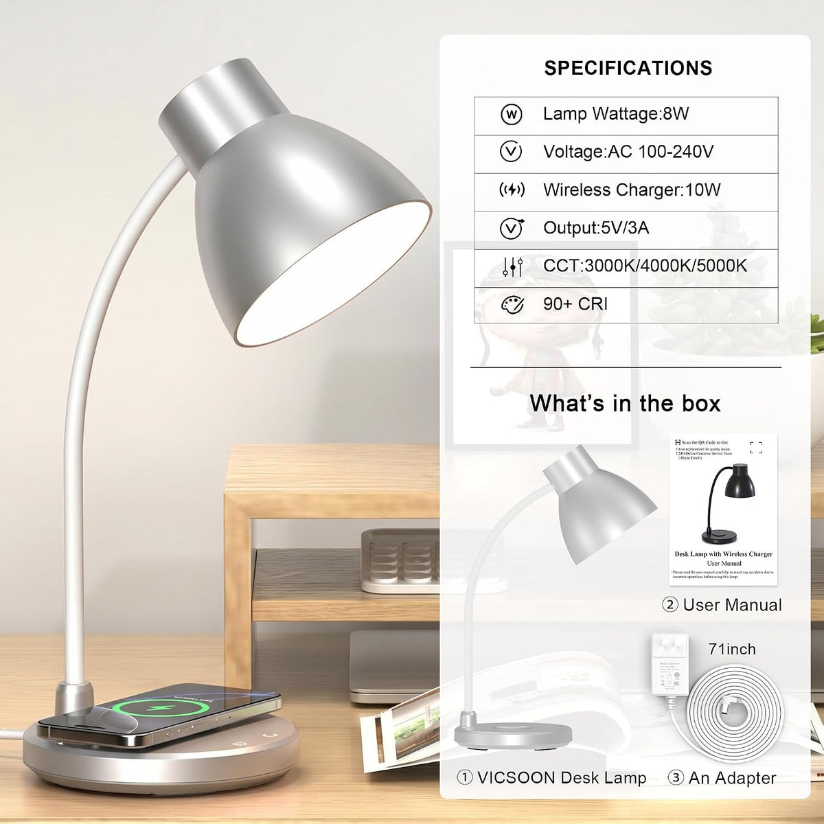 led desk lamp for home office with wireless on a desk or shelf