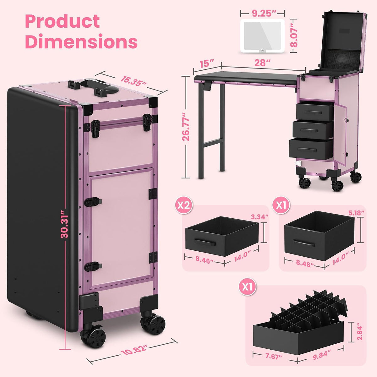 EASYINBEAUTY Rolling Portable Manicure Table with 3 Storage Drawers, Pink