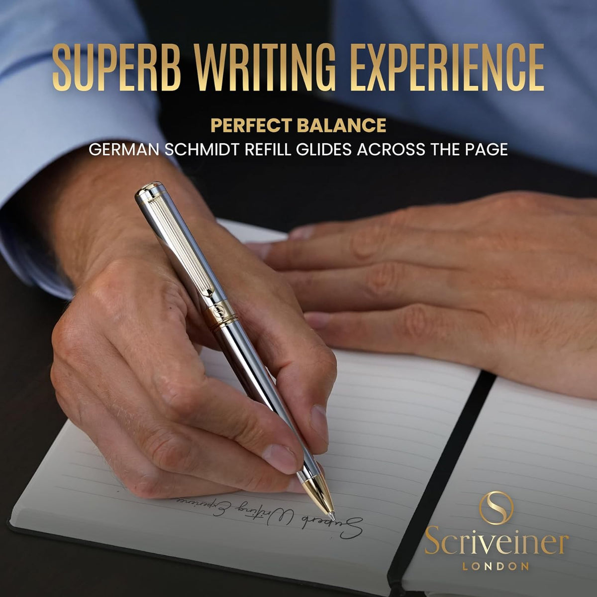 Scriveiner Silver Chrome Ballpoint Pen - Stunning Luxury Pen, Real Gold Plati...