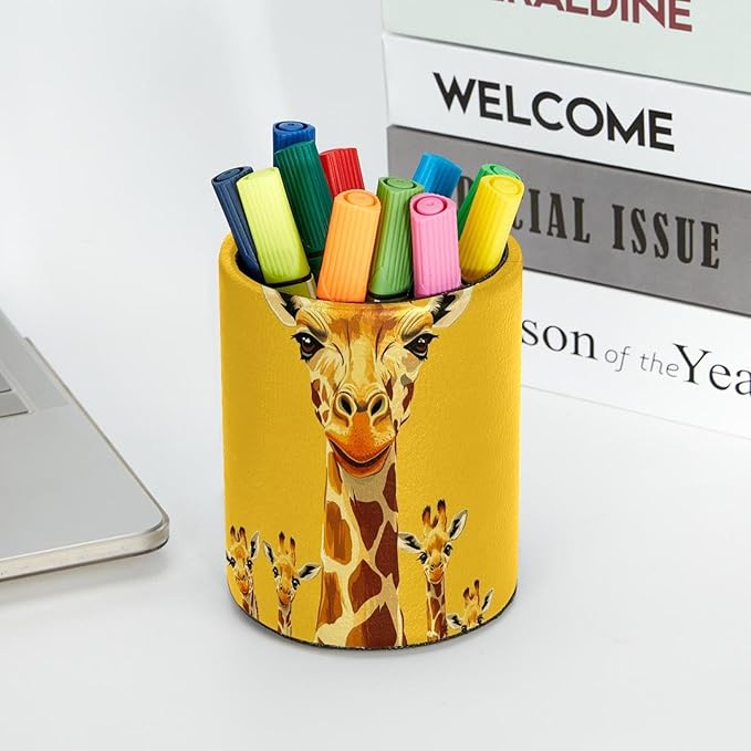 Leather Pen Holder for Desk, Cute Giraffe Pencil Cup Desktop Organizer Makeup - Image 5
