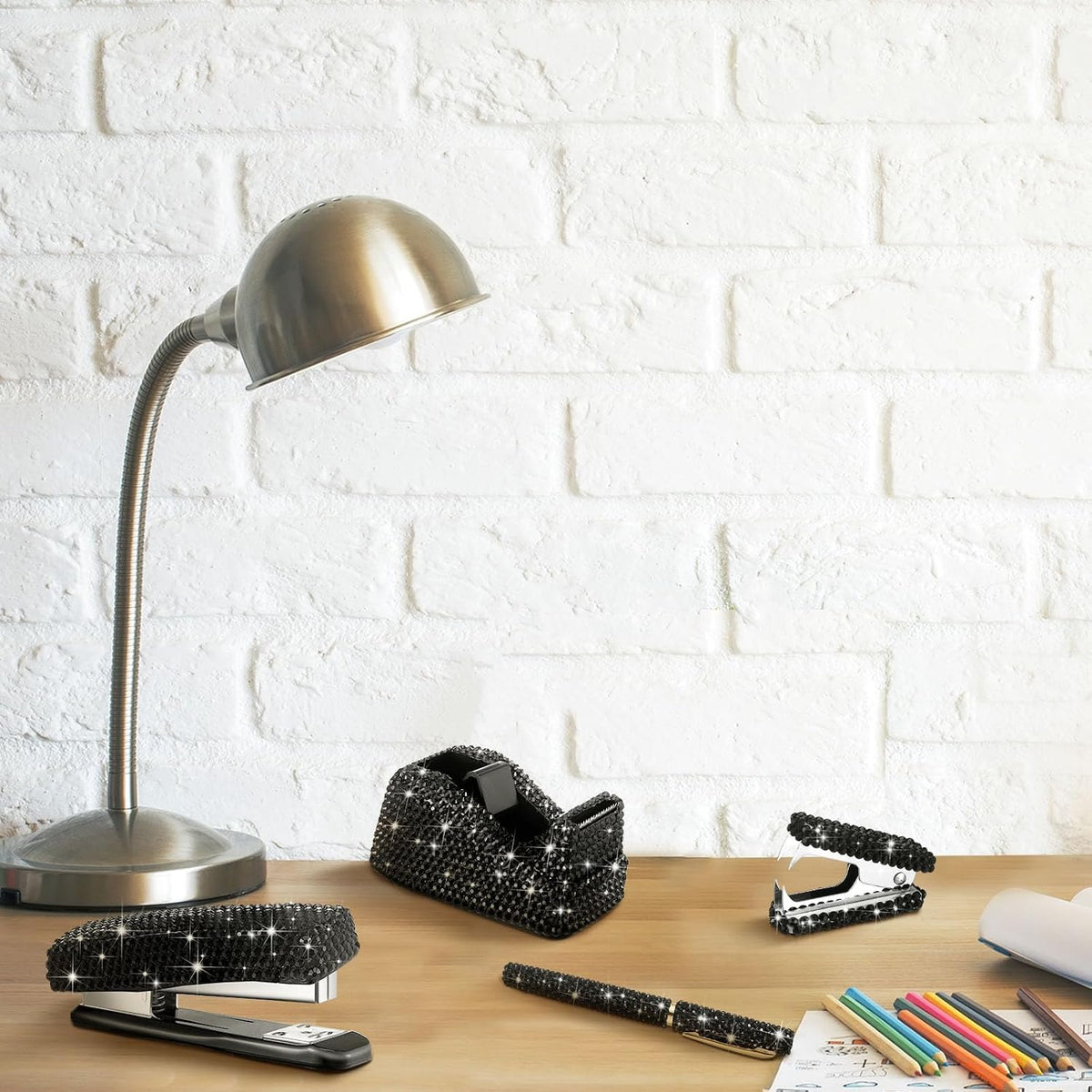 Demissle 6 Pcs Bling Office Desk Accessories Crystal Kit, Black