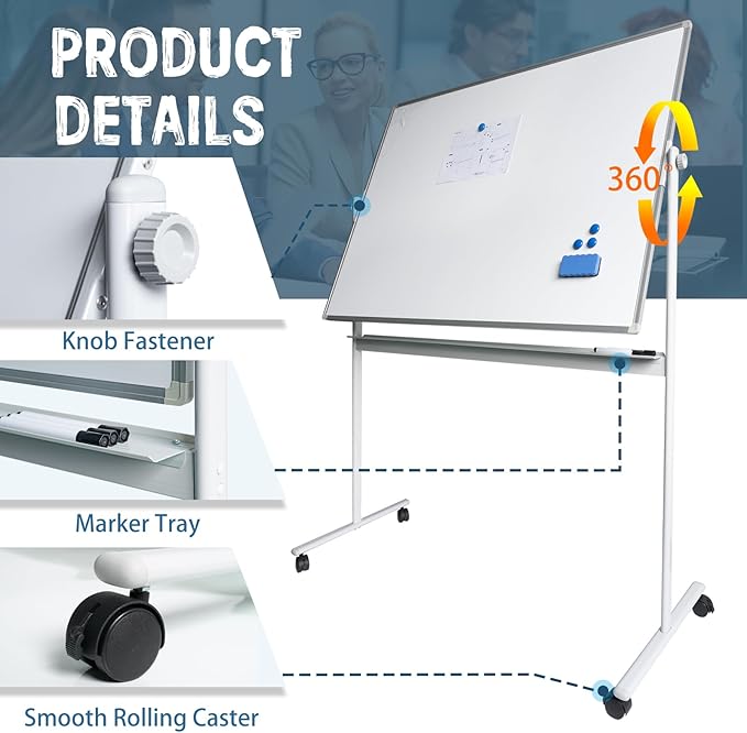 Rolling Whiteboard Magnetic Writeboard 48"x36" Flip Chart - Image 3
