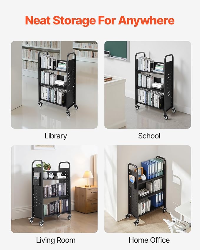 VEVOR Rolling Library Book Cart, 330 lbs Capacity, 30.3 x 15 x 48.0-Inch - Image 8