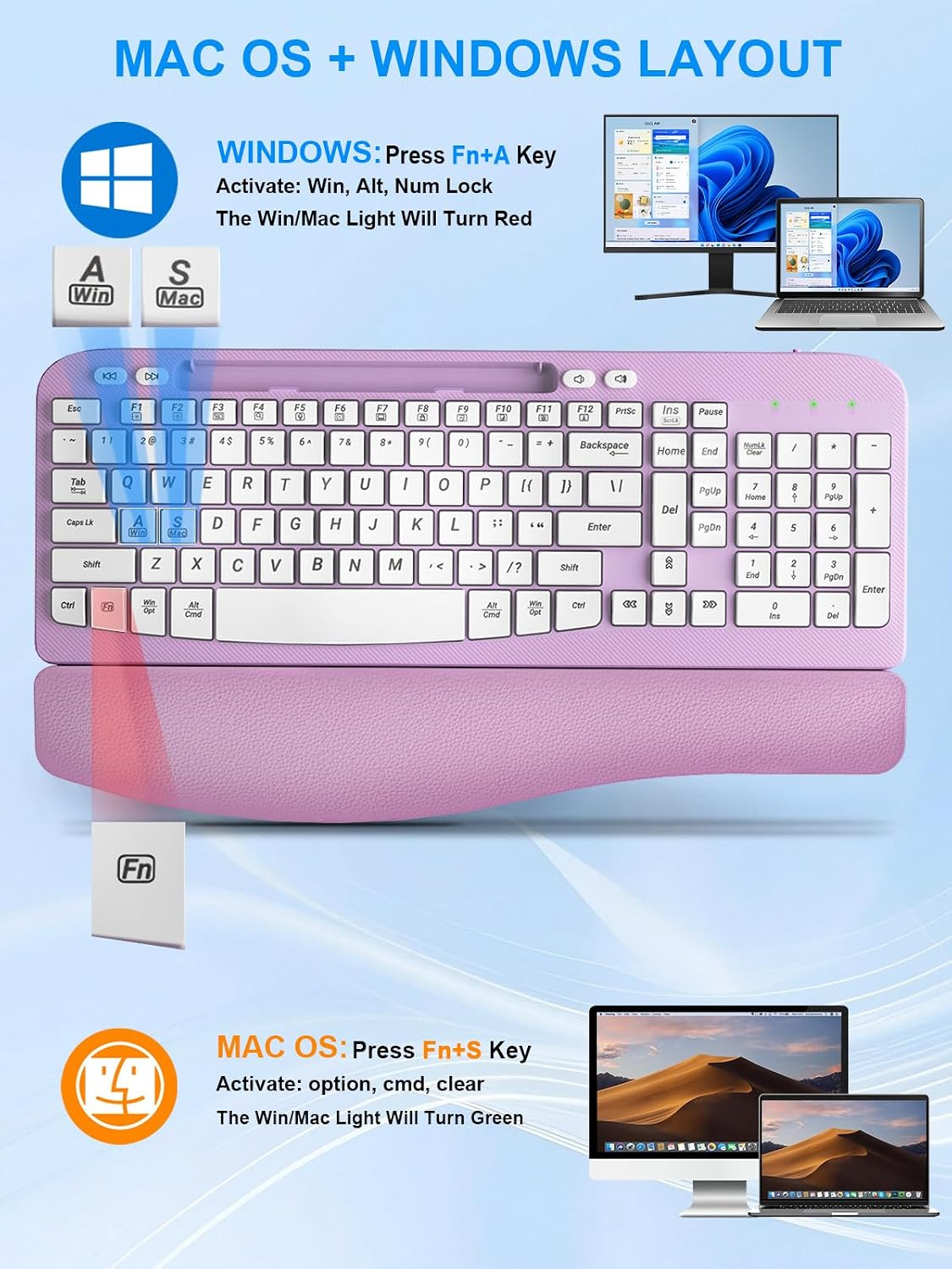 Hayyiesh Ergonomic Wave Keys Wireless Keyboard and Mouse Combo, Full Size wit...