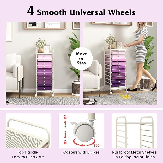 Giantex 10-Drawer Storage Cart w/Universal Wheel, Rolling Cart w/Handle - Image 8