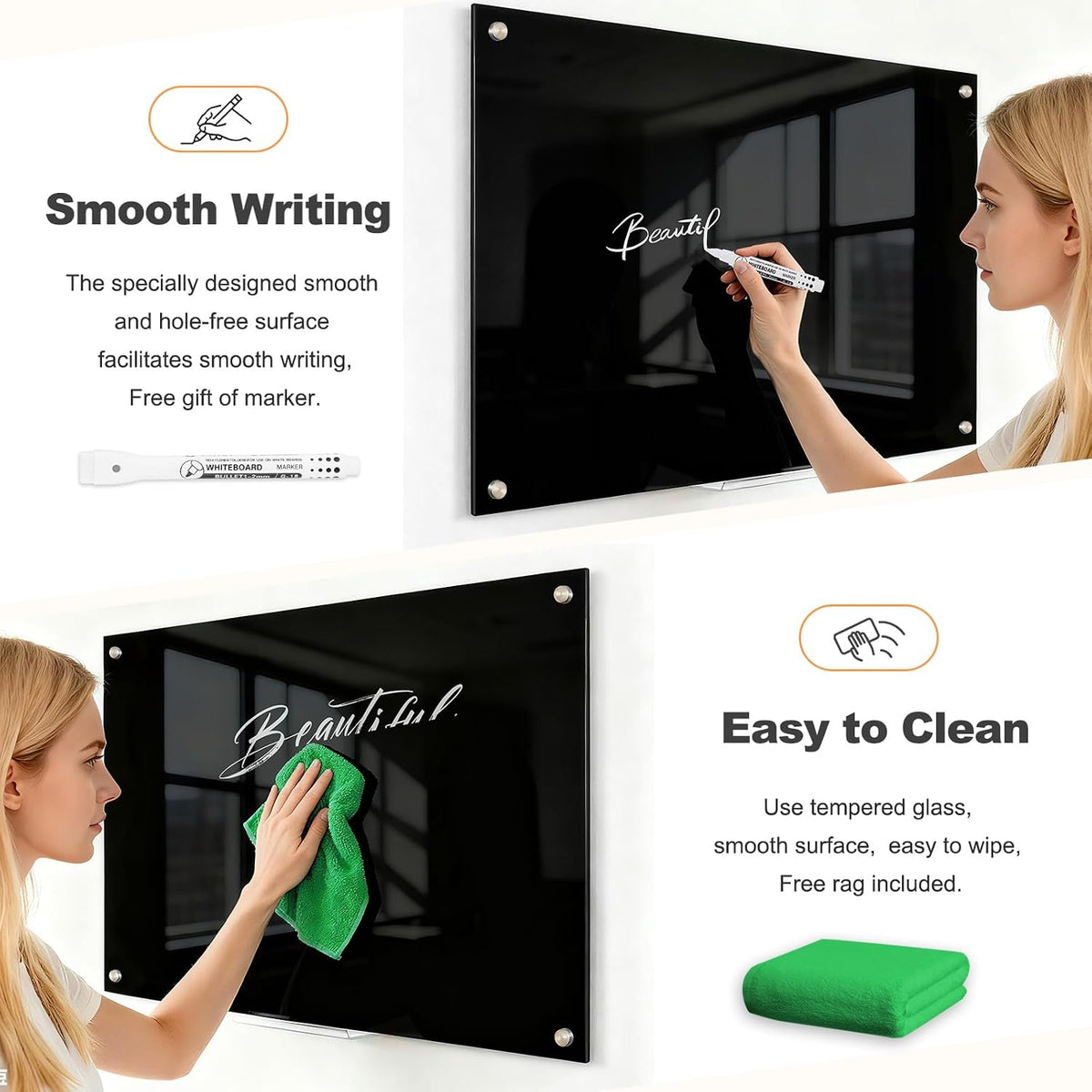 36” x 24” Black Dry Erase Board, Magnetic Tempered Glass Board