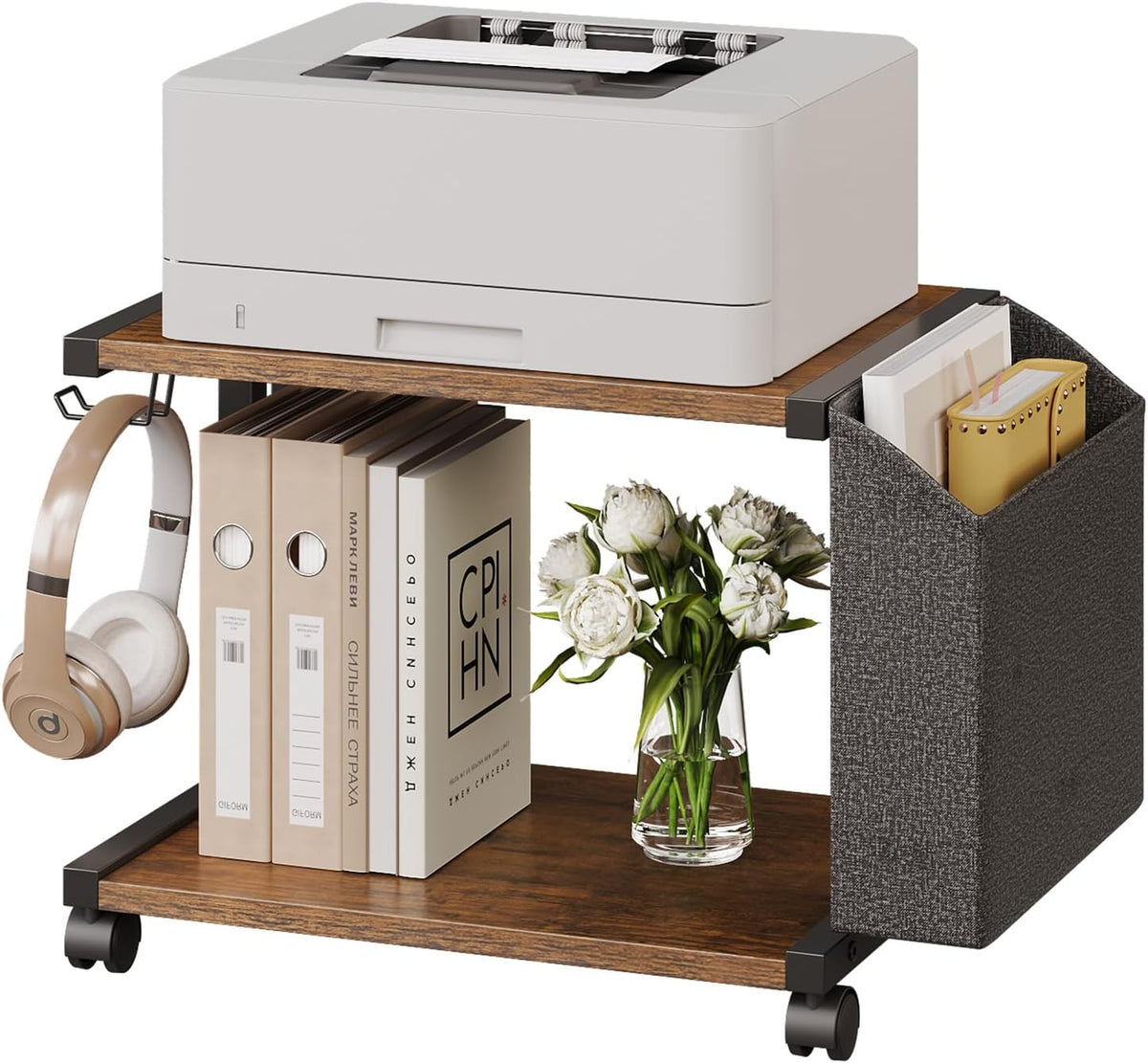 VEDECASA 2 Tier Rustic Brown Wooden Under Desk Printer Stand with Storage Bag...