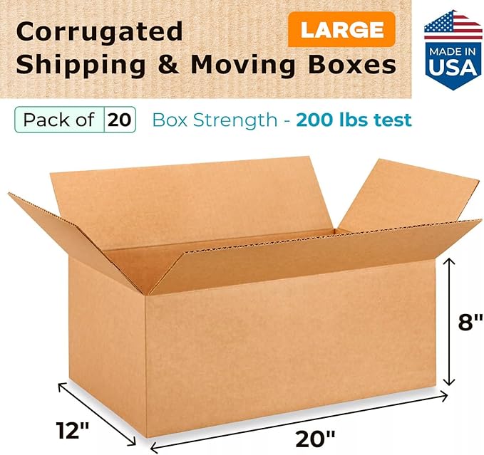 Large Shipping & Moving Boxes 20"L x 12"W x 8"H - Image 2