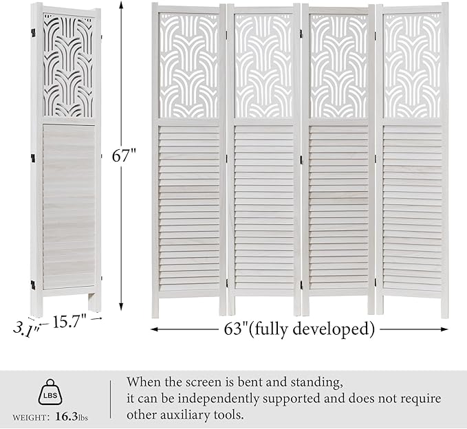 Svimi Folding Room Divider, 66.9 Inch 4 Panels Wood Carved Privacy Screens - Image 5
