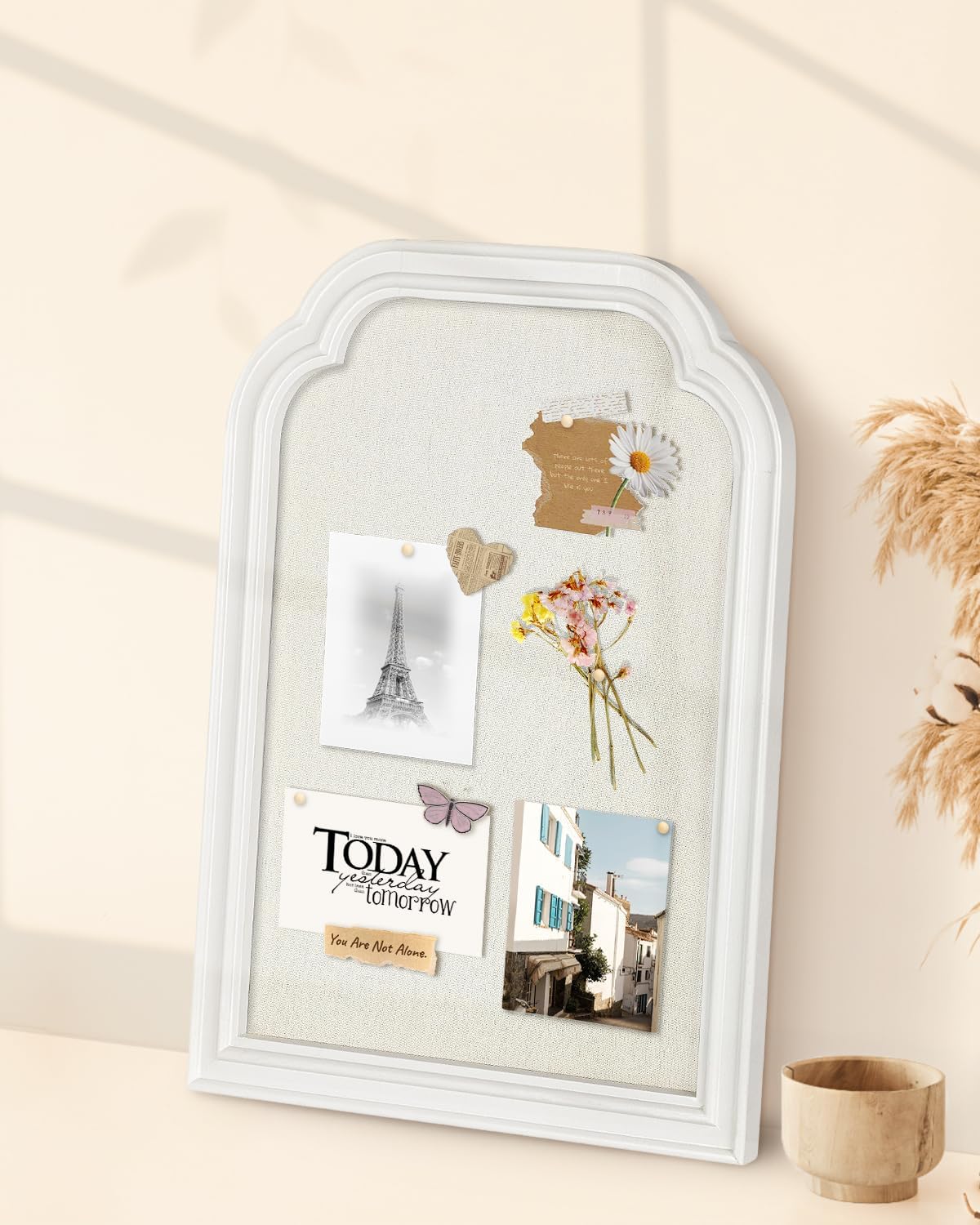 Bulletin Board with Linen, 13x17 inches Pin Board with White Frame, Decorativ...