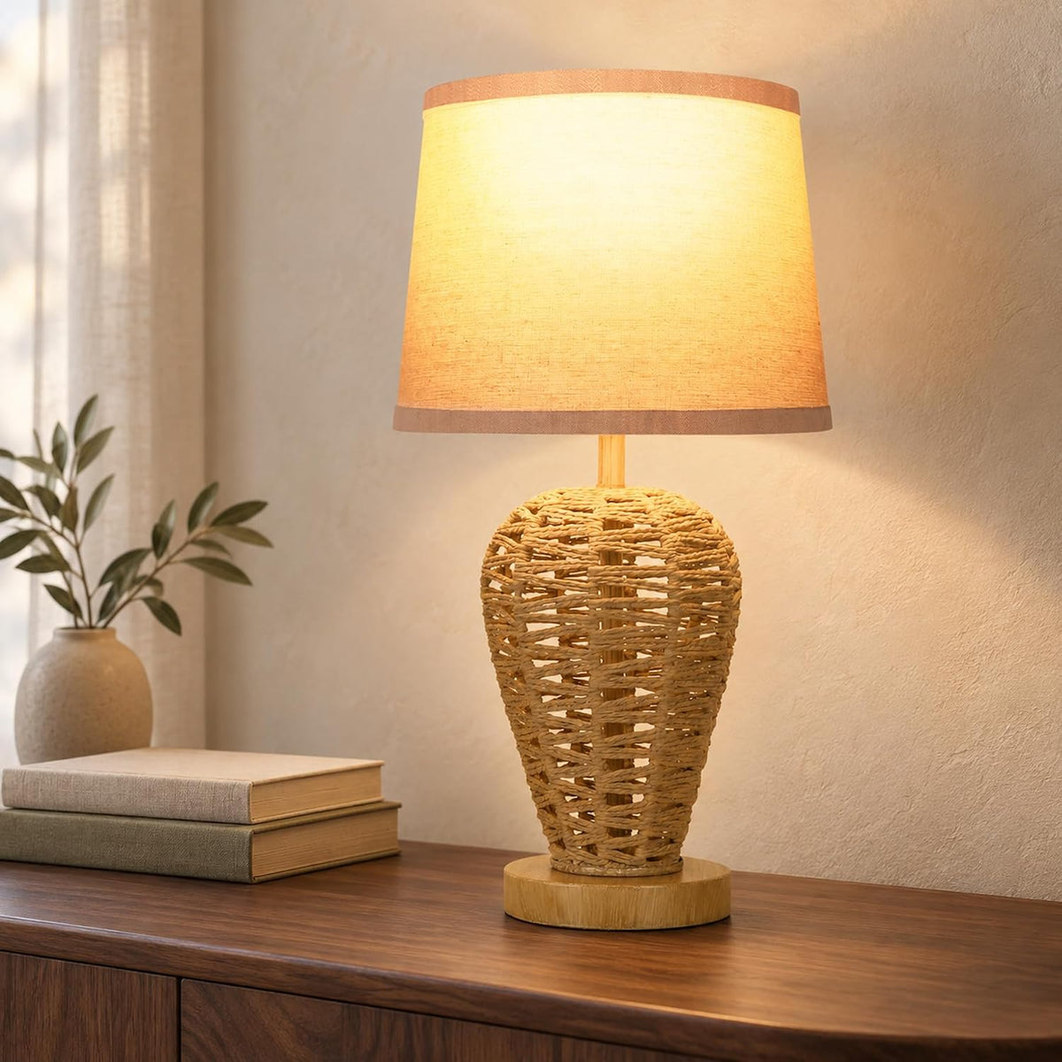 19" Boho Table Lamp with 100% Hand Woven Rattan Body & Wood Grain Fi...