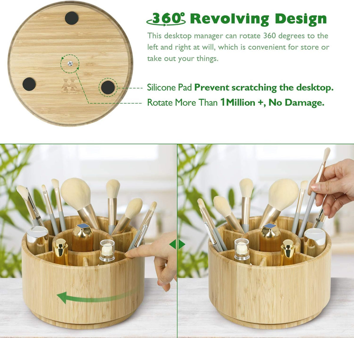 Bamboo Rotating Pencil Holder for Desk,Pen Holder with 7 Compartments