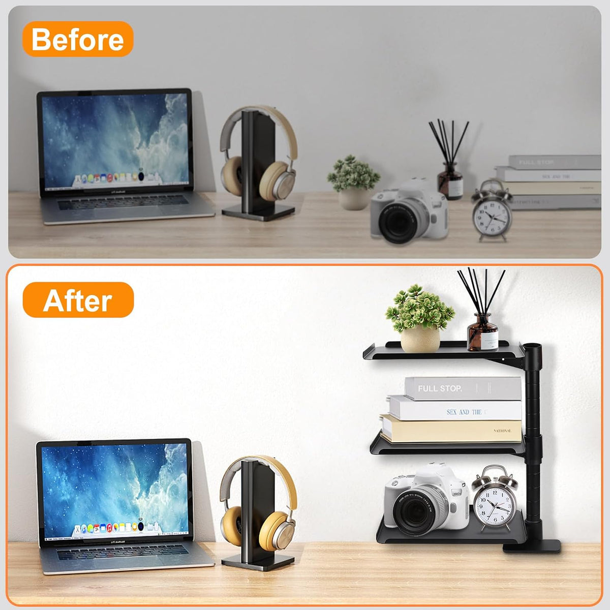 3 Tier Clamp On Desk Shelf,360° Rotatable Adjustable Above or Under Desktop O...