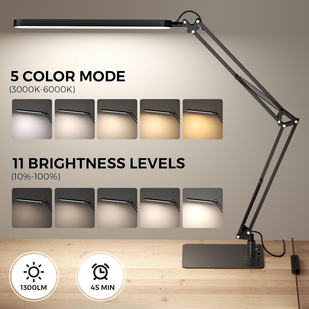 SKYLEO LED Desk Lamp with Slim Base - Adjustable Swing Arm Desk Light, Dimmab...