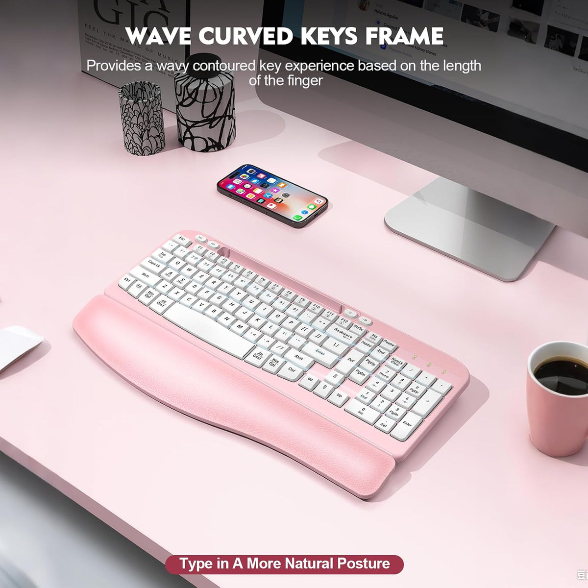 EAYBLLY 2.4G Wireless Ergonomic Keyboard, Full Size Wave Keys with Memory Foa...