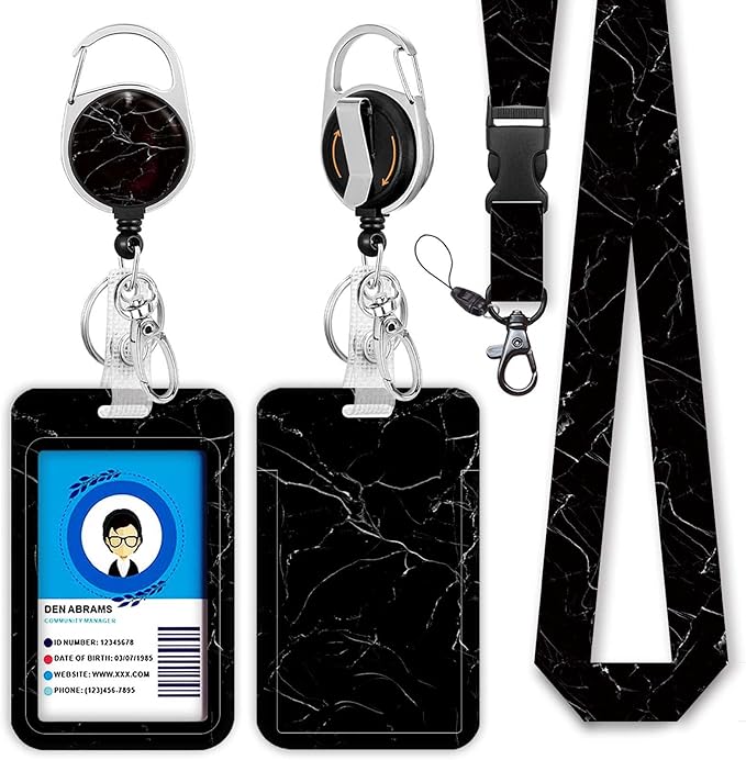 Black Marble Lanyards for Id Badges, Cute Badge Reel Heavy Duty by Giancomics