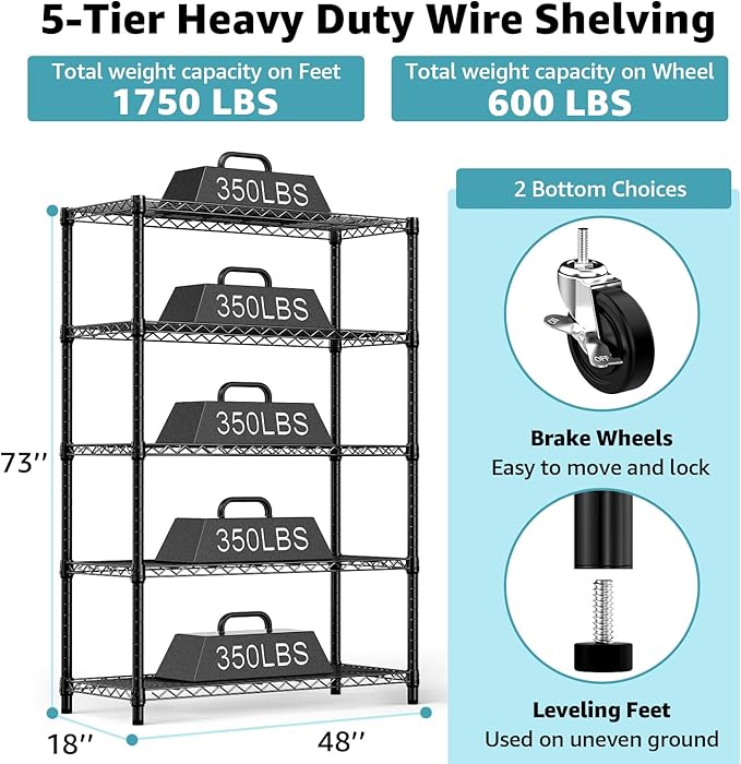 M MZG 5-Shelf Storage Shelves, Wire Shelving Heavy Duty Metal Storage Shelving - Image 3