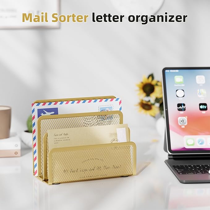 Marbrasse Mail Organizer for Desk, 3-Slot Mesh Metal Mail Holder countertop - Image 4
