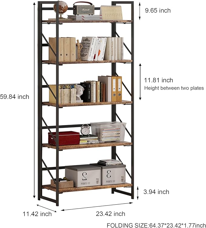 JSB No Assembly Folding Bookshelf, 5 Tier Industrial Metal Book Shelf - Image 3