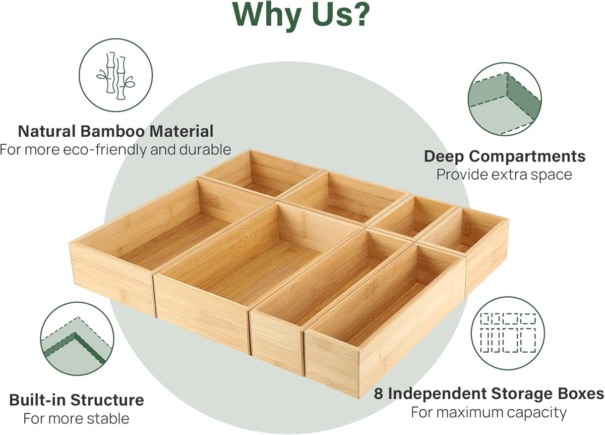 Kootek 8Pcs Bamboo Drawer Organizer 4-Size Kitchen Storage Box for Flatware