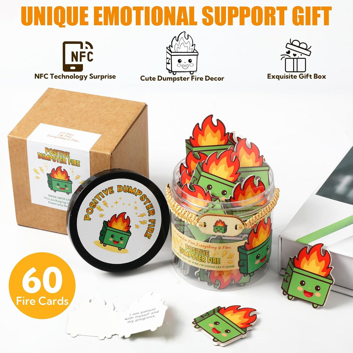 12 Pack Dumpster Fire Cards Jar with NFC Bracelet - 60 Positive Affirmation C...