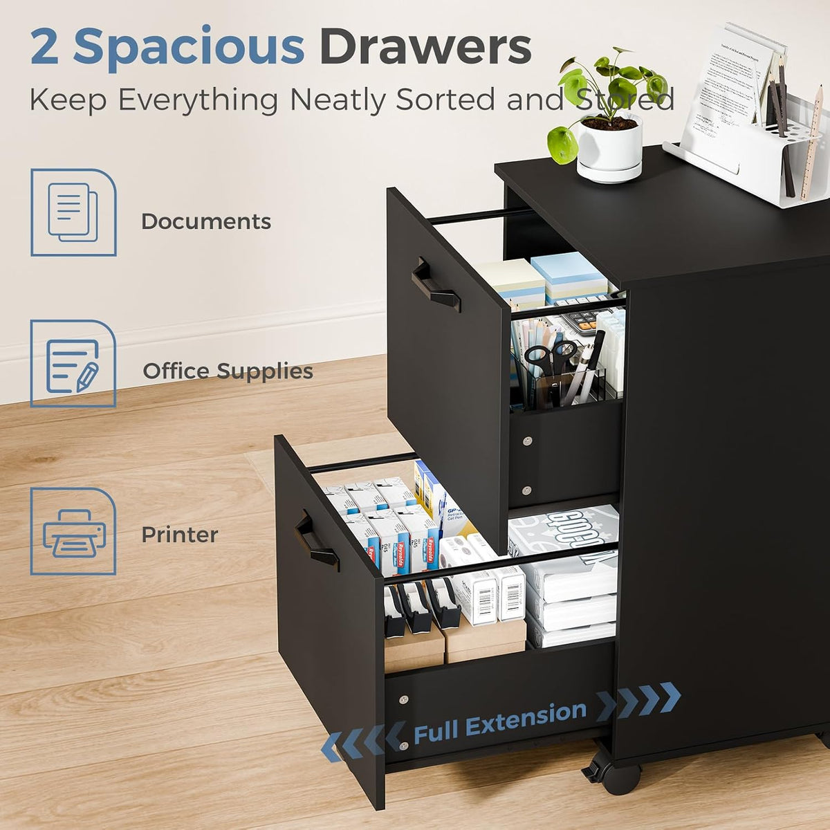 DUMOS 2 Drawer File Cabinet, Rolling Wood Storage Cabinet, Black