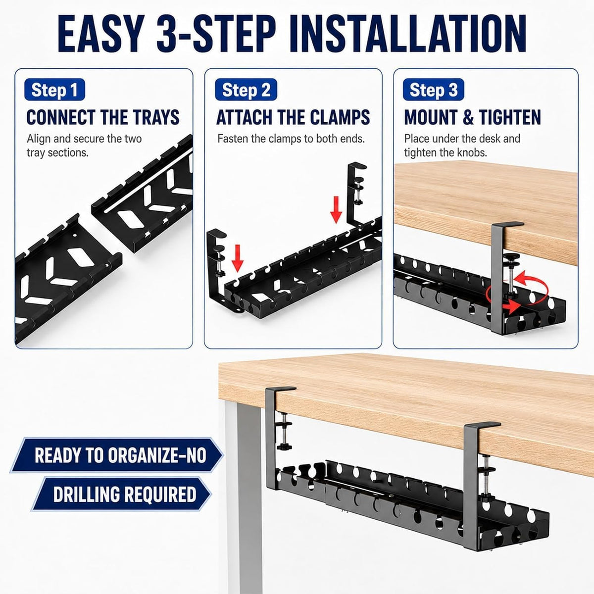 Under Desk Cable Management Tray, No Drill Clamp Mount, 17-30 Inch