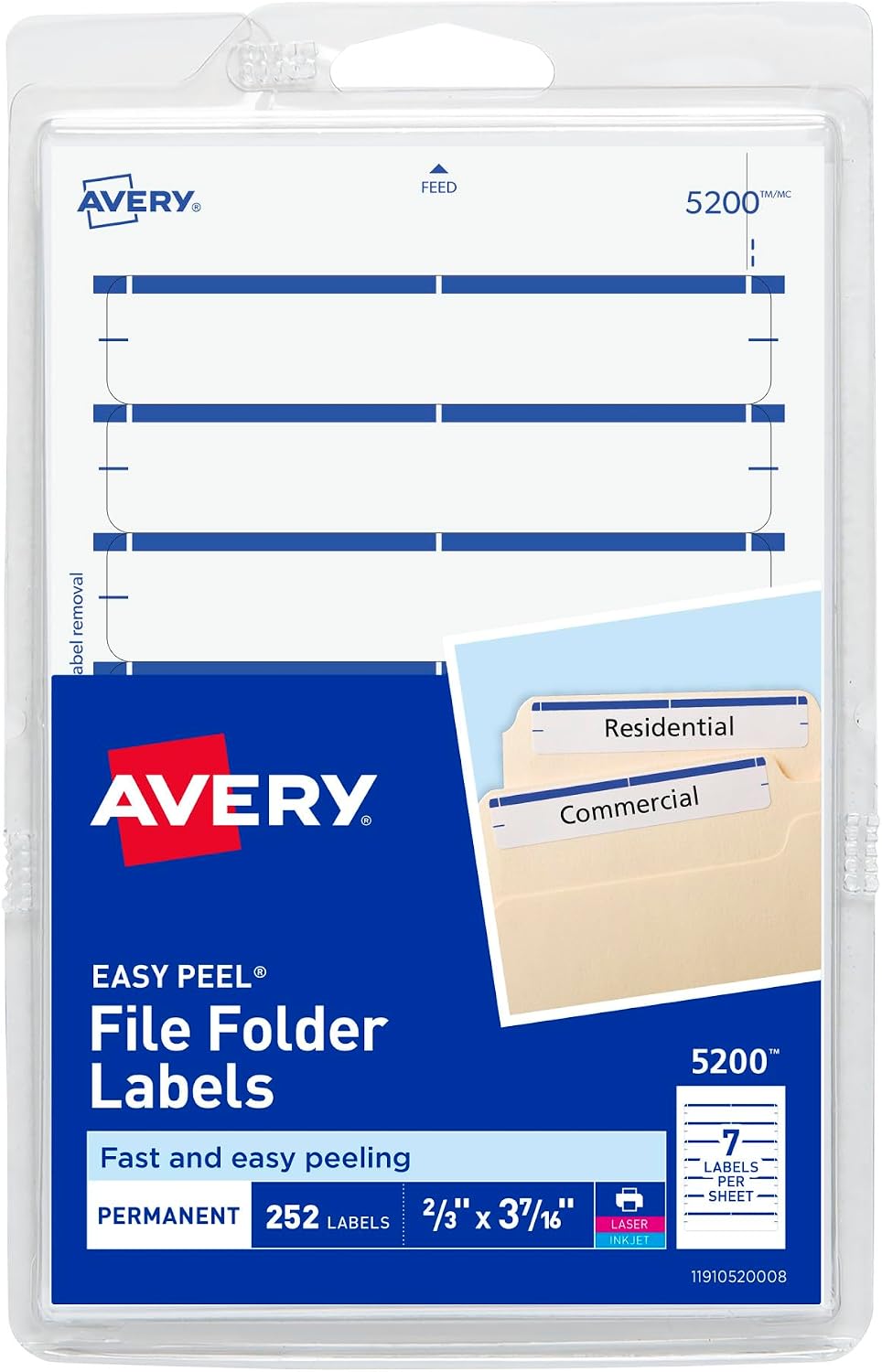 Avery File Folder Labels on 4" x 6" Sheet, Easy Peel, White/Blue, Print & Handwrite, 2/3" x 3-7/16", 252 Labels (5200)