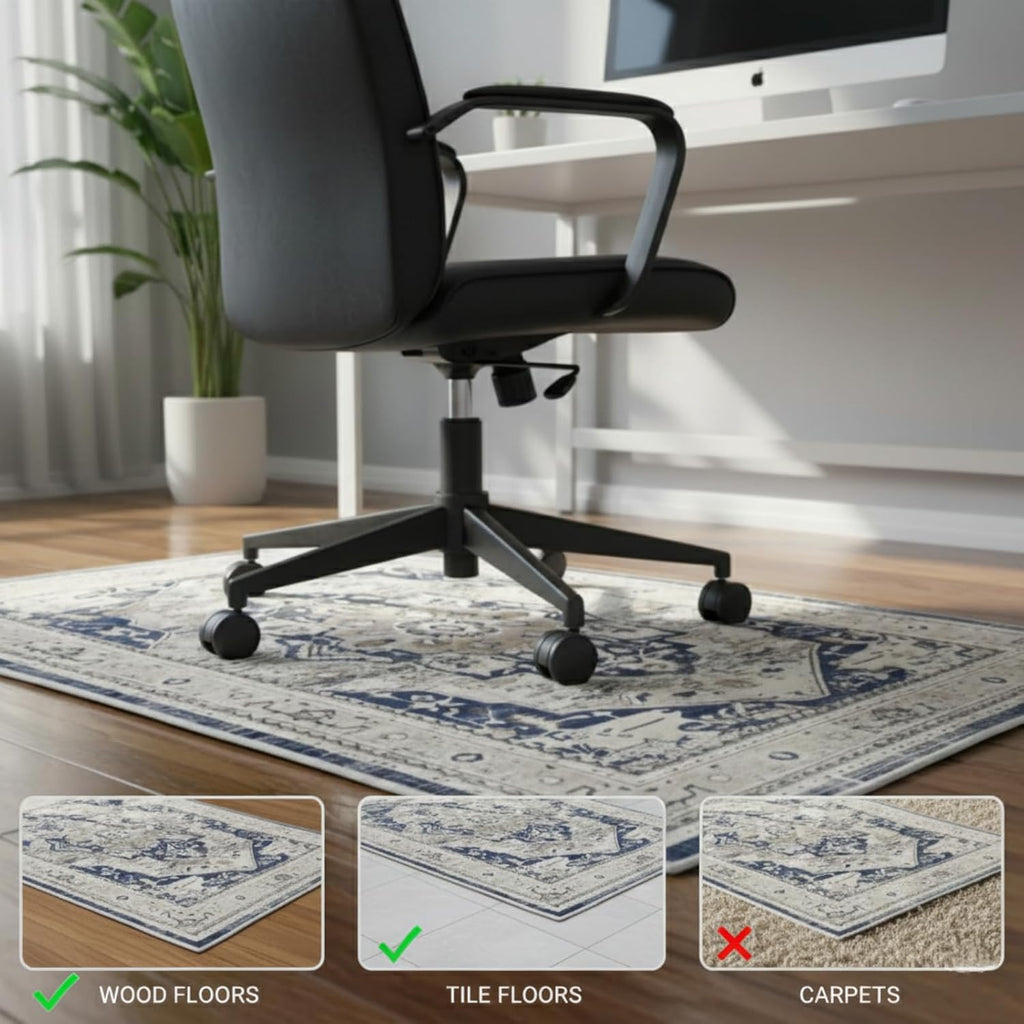 Office Chair Mat for Hard Floor - 60'' x 75'' Chair Mat for Hardwood and Tile Floors, Non-Slip Hard Floor Protection Mats for Rolling Chair Under Desk, Machine Wash (Beige & Blue)