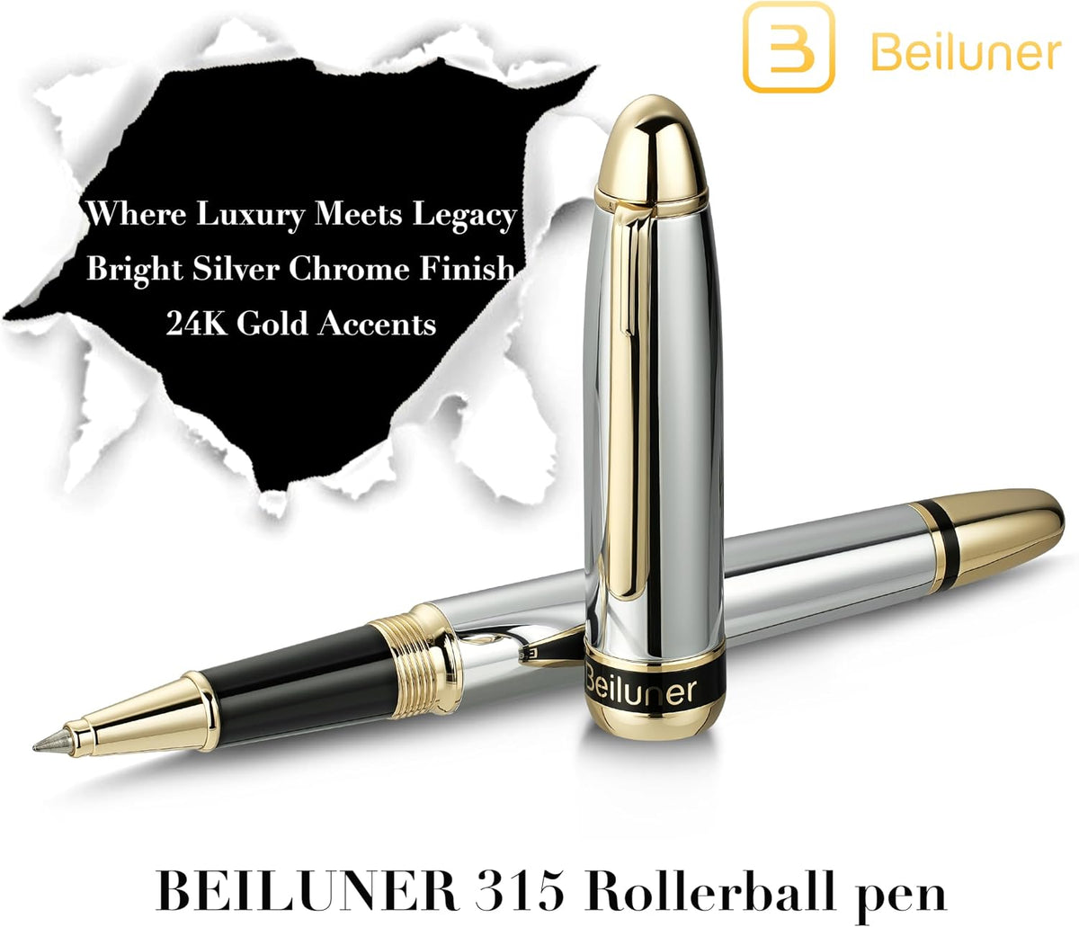 BEILUNER 315 Luxury Rollerball Pen, with 24K Gold Finish-Silver Chrome