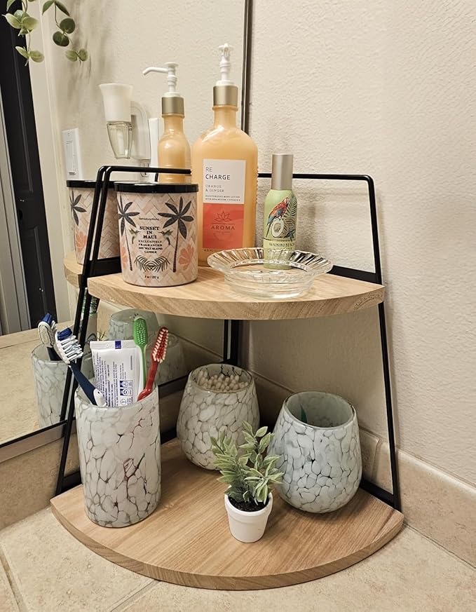 2 Tier Bathroom Counter Organizer, Standing Rack Cosmetic Holder, Wood Bathroom - Image 2