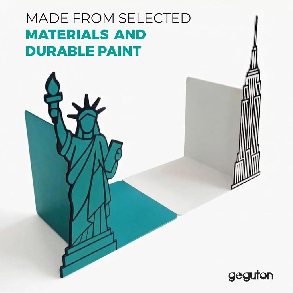 NYC Bookends with Statue of Liberty and Empire State Building Design - Steel with Epoxy Coating - Decorative Pair of Book Holders for Shelves, Desk, and Office - Geguton