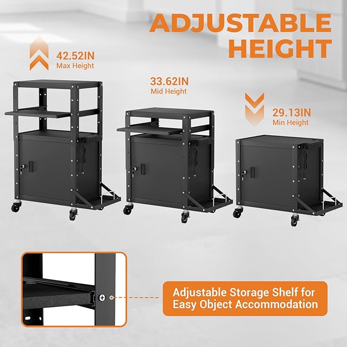 Mobile AV Cart with Side Shelves, Rolling Computer Cart Height Adjustable - Image 5