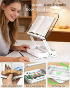 Book Stand for Reading, Acrylic Adjustable Book Holder with Book Page Holder, 360°Cookbook Stand with Storage for Kitchen Counter, Hands Free Recipe Book Holder for Textbook Cookbook, Clear