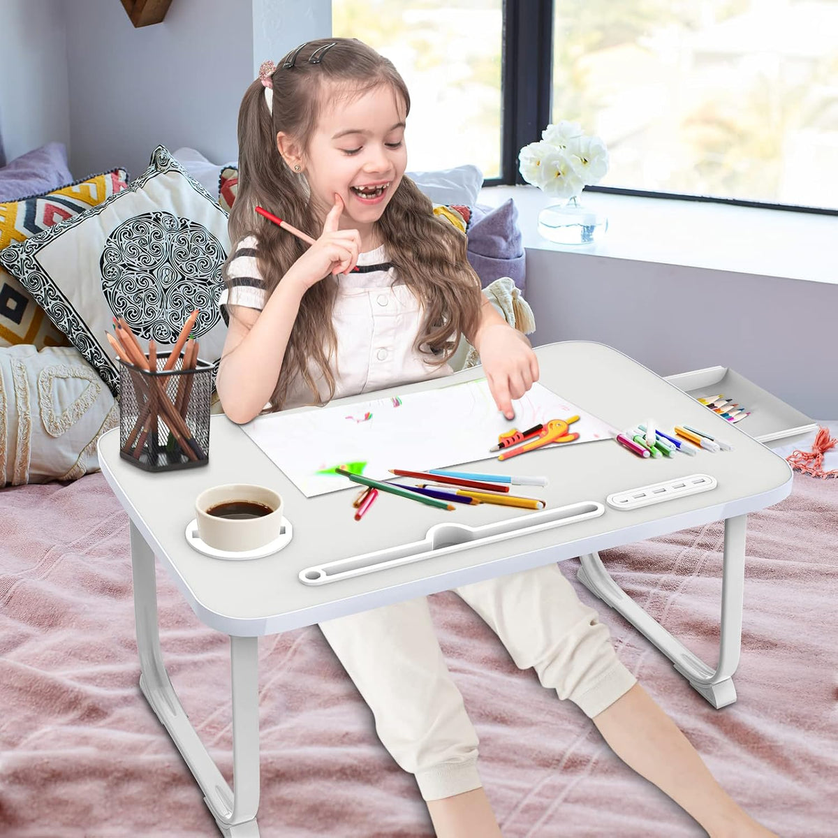 Fayquaze Laptop Bed Desk, Portable Foldable Lap Bed Table with USB Charge Por...