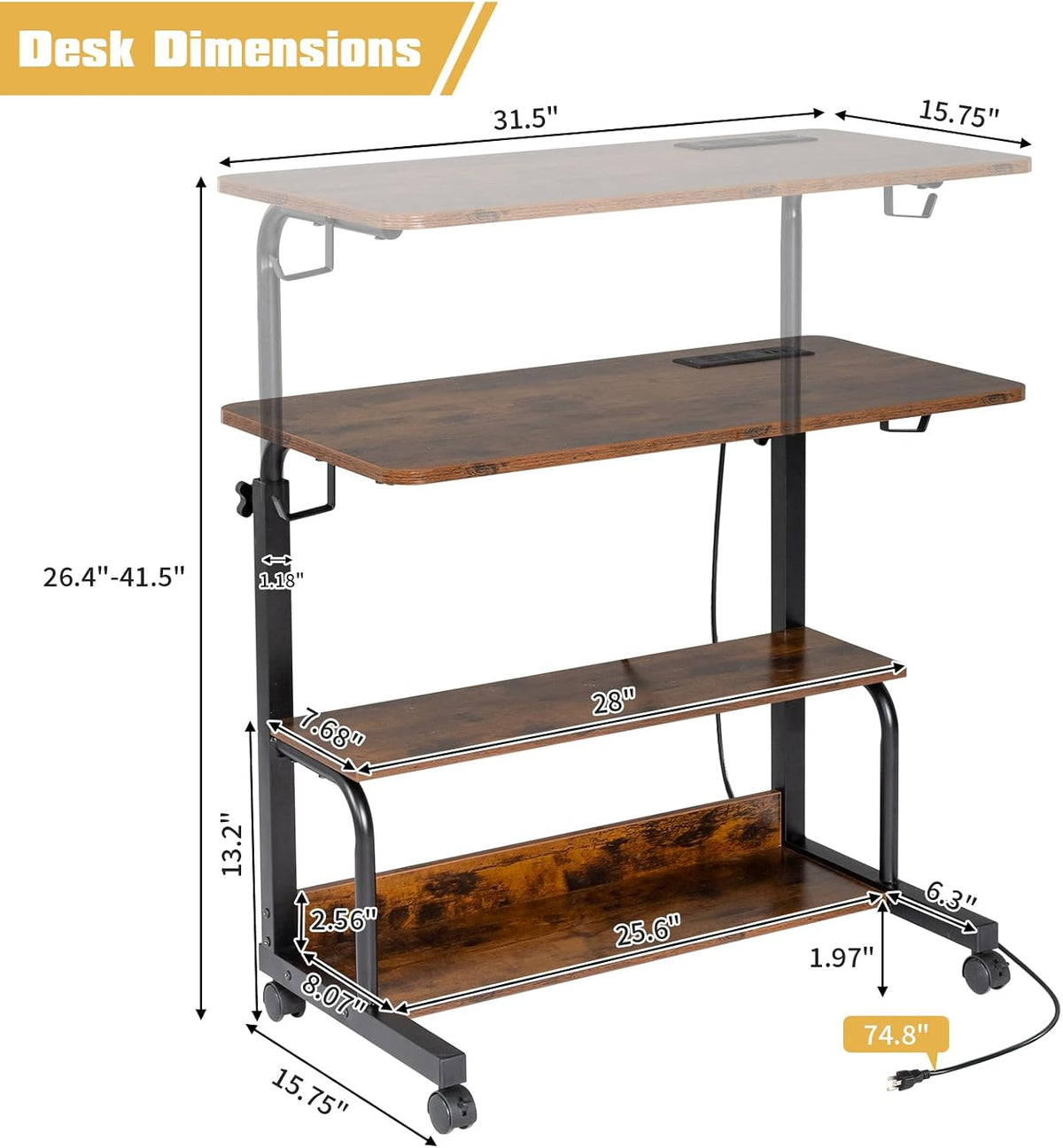 Karl home 31.5" Portable Rolling Computer Desk on Wheels, Rustic Brown
